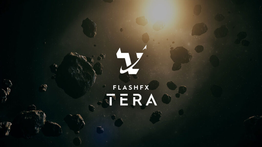 asteroids in space with a white logo of FlashFX Tera