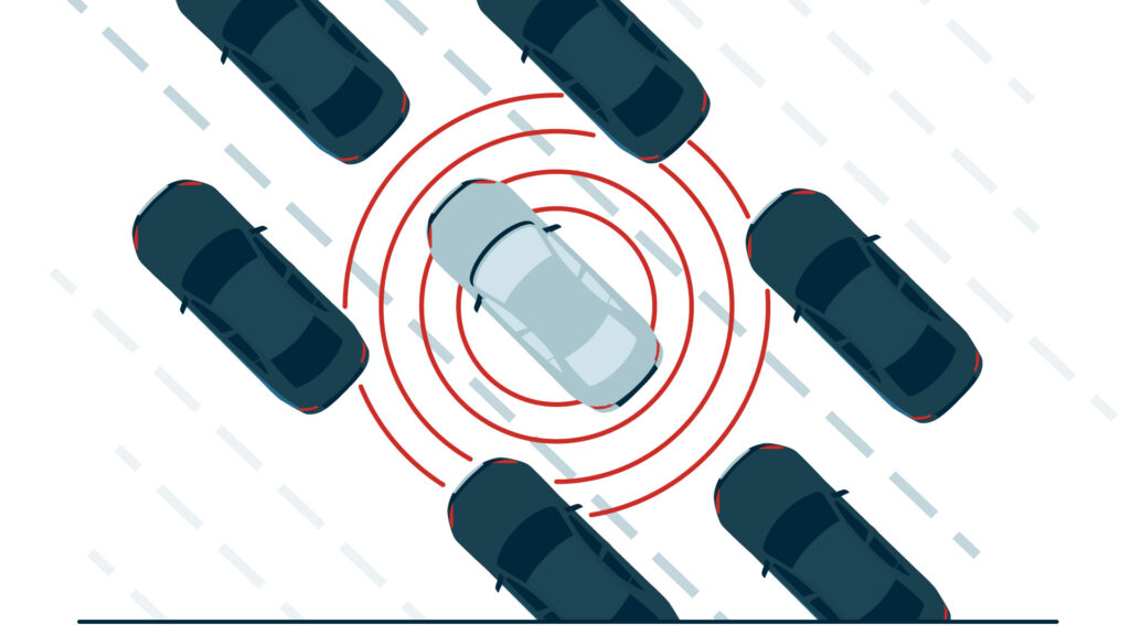 illustration of cars from above with sensors showing